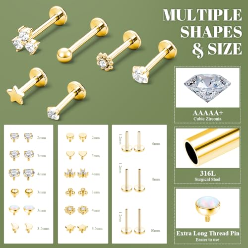 Image of SANNIDHI Earrings Set for Women Hypoallergenic Surgical Steel Internal Thread Stud Piercing Jewelry for Tragus Helix Cartilage Conch Nose Plated Lip Labret Medusa Piercing