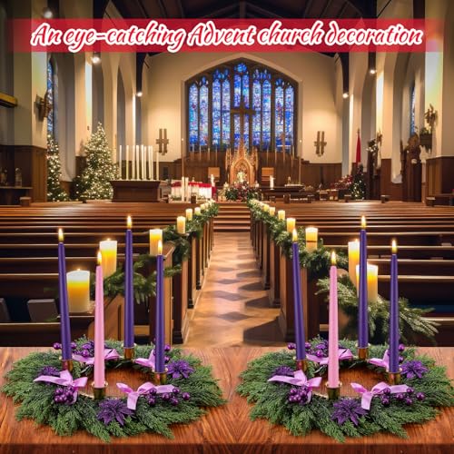 Potchen Christmas Advent Wreath Ring Candleholder for Table Centerpiece 22 Inch Large Purple Ribbon Advent Wreath Catholic Church DIY Crafts Decoration with Cypress Leaves Poinsettia Glitter Berry by Potchen - Image 4