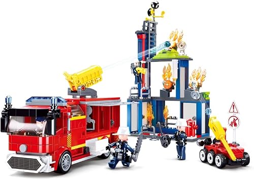 Sluban City Fire Training Set, Fire Rescue Building Set with 4 Fireman Minifigures & Fire Truck, Compatible with Lego City Fire Station Set, Building Toys Gifts, 585 PCS