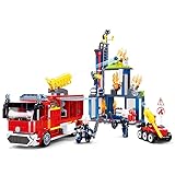 Sluban City Fire Training Set, Fire Rescue Building Set with 4 Fireman Minifigures & Fire Truck, Compatible with Lego City Fire Station Set, Building Toys Gifts for Boys Aged 6-12, 585 PCS