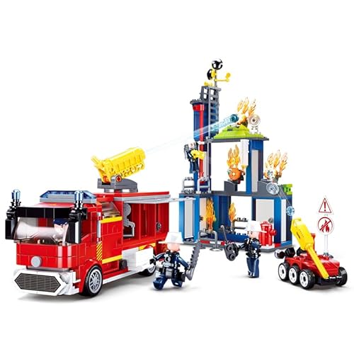 Sluban City Fire Training Set, Fire Rescue Building Set with 4 Fireman Minifigures & Fire Truck, Compatible with Lego City Fire Station Set, Building Toys Gifts for Boys Aged 6-12, 585 PCS