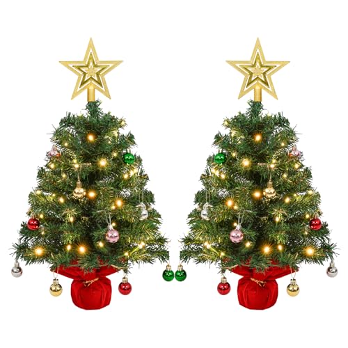 Uten 2Pcs Mini Christmas Tree, 2ft/60cm Desktop Small Christmas Tree with 2Pcs 50 LED Light Strings, 56 Christmas Balls, 2 Golden Tree Topper Star and Red Base for Desktop Christmas Decoration