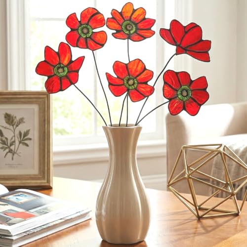 DoubleFill 6 Pcs Red Stained Glass Flowers with Stems 17 Inch Red Poppy Bouquets Flower Artificial Flower Floral for Christmas Home Party Kitchen Tabletop Centerpiece Decorations(No Vase)