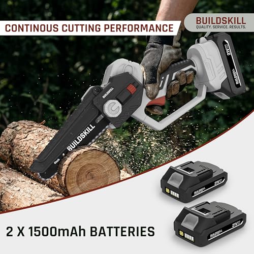 Image of BUILDSKILL 21V Cordless Chainsaw Machine | 6 inch Bar | 3600 RPM Copper Motor | 2 x 1.5AH Battery | Chain tensioning button, safety lock | Mini Chainsaw Machine for Wood Cutting, Gardening & DIY Use