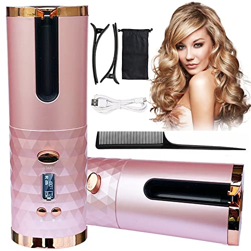 Automatic Curling Iron, Rechargeable Cordless Hair Curler with LCD Digital Display and 6 Temperature Settings, Fast Heating Portable Automatic Hair Curler for Styling Hair Anytime ( Pink )