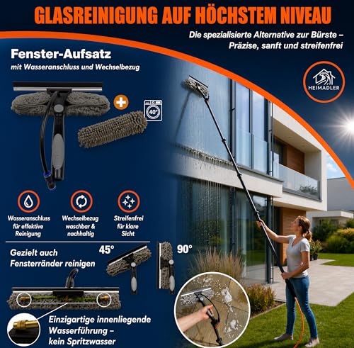 Profi Teleskop Waschbürste mit Teleskopstiel 4,9m wasserführend - Inkl. Dachrinnenreiniger & Fensterwischer - Teleskopstange für Photovoltaik Solar Anlagen & Wintergarten Reinigungsset