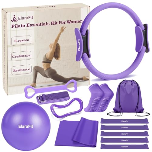 ElaraFit Home Pilates Kit for Women Purple Pilates Equipment Ring and Ball Set Magic Circle Hoop with 5 Resistance Bands Compact Toning Fitness Essentials Starter Set Accessories