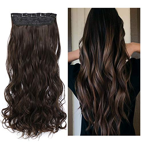 Junbeauty 1-Pack 3/4 Full Head Curly Wavy Clips in on Synthetic Hair Extensions Hairpieces for Women 5 Clips Hair Extension (20 Inch, Dark Brown 4#)