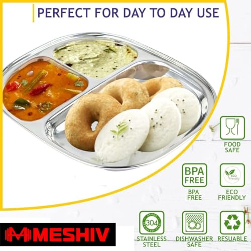 Image of Stainless Steel Plate with 3 Compartments for Lunch, Dinner Plates Set of 4 (Big)