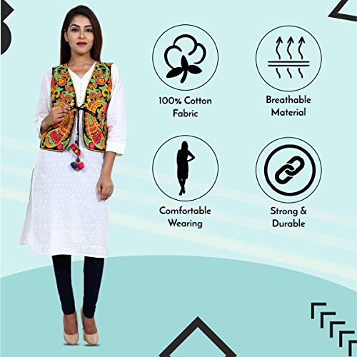 Image of Craft Trade Women's Cotton Embroidered Kutchi Jacket with Tassels Sleeveless Mirror Work