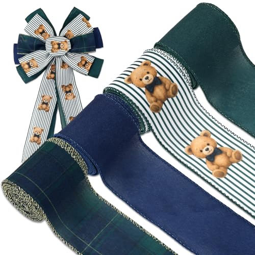 JarThenaAMCS Tartan Bear Wired Edge Ribbon Green Blue Plaid Craft Ribbons Fabric Ribbon for Christmas Baby Shower Wreath Bow DIY Wrapping Party Decor 4 Rolls 24 Yard