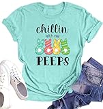 Women Happy Easter T Shirt: Bunny Rabbit Graphic T-Shirt Funny Chillin with My Peeps Shirts Short Sleeve Tops(Cyan1, Large)