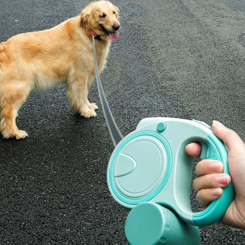 Einziehbare Hundeleine mit LED, ausziehbar für kleine und mittelgroße Hunde bis 25 kg, rutschfester Griff & abnehmbarer Kotbeutelhalter (Grün)