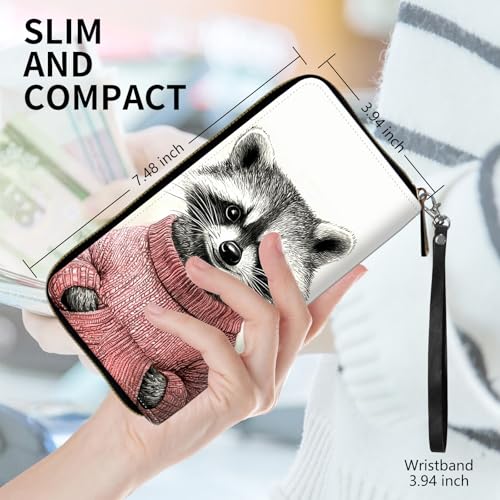 Womens Wallet, PU Leather RFID Cute Wristlet Wallets for Girls Women Ladies Purse Large Credit Card Clutch Purse Card Holder Coin Pocket Travel Wallets with Zipper, Art Cute Raccoon2