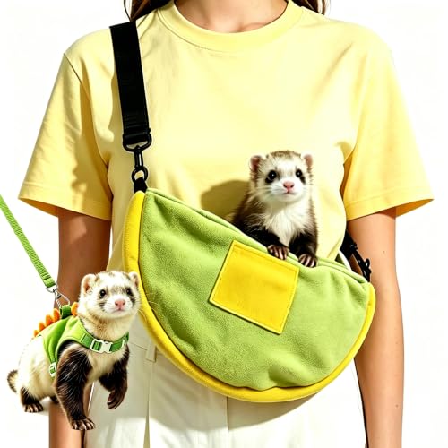 Image of Ferret Harness Leash with Carrier Set,Small Animals Vest Harness, Dinosaur Shaped Leash Set, Semi-Circular Bag for Rabbit Guinea Pig Teacup Chihuahua Mouse and Other Small Pet (Green)