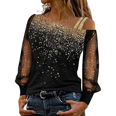 Women's Party Tops Cold Shoulder Long Mesh Sleeve Shiny Tee Shirts Tops Sexy Black Tee Patchwork Glitter Pullover Tops for Party Club Cocktail Evening Sizes Uk Cover