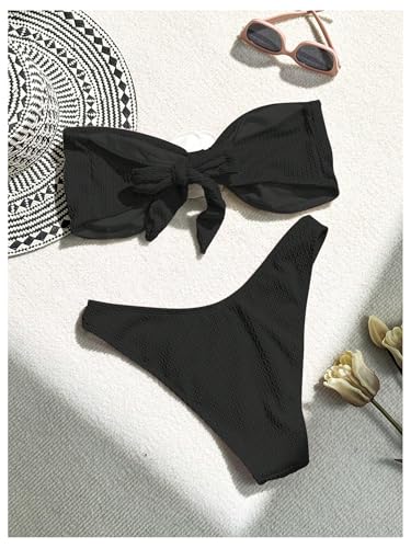 MakeMeChic Women's Two Piece Bikini Set 3D Flower Textured Strapless Bandeau Tie Back Bathing Suit2