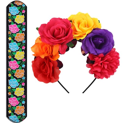 Zoooyawn 2 Pcs Traditional Embroidered Mexican Belt Adjustable Mexican Rose Flower Crown Day of the Dead Floral Crown for Women Dress Boho Floral Traditional Fiesta Party Sash