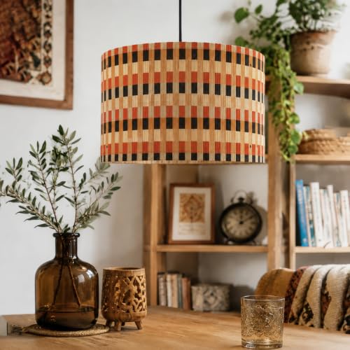 Image of Rustic Pendant lamp shade Art decorative Colorful Grid 13.8x9Inch | Unique bamboo material, Minimalist Elegant Style for Living Room Bedroom Office,Effortless Installation