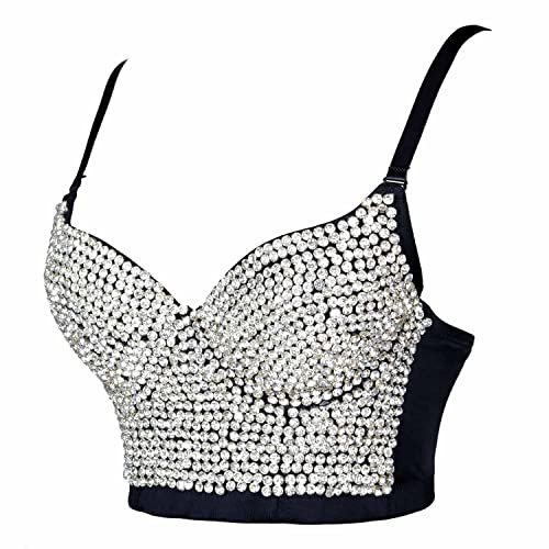 ELLACCI Women's Rhinestone Diamond Push up Bustier Crop Top Sexy Punk Corset Bra Black3