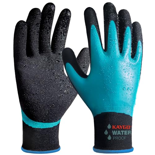 KAYGO Waterproof Work Gloves for Men and Women with Double Latex Coated Non-Slip Super Grip for Gardening Car Washing Fish Cleaning (Blue