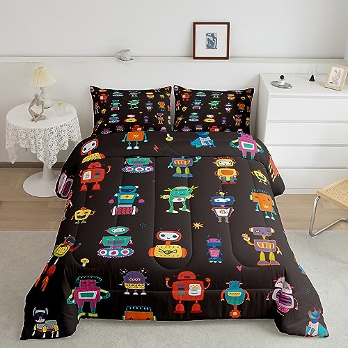 Erosebridal Kawaii Bedding Set Cute Robots Quilt,Kids Boys Girls Watercolor Robot Comforter Set Twin Modern Cartoon Super Robot Toddler Duvet Insert,Colorful Kawaii Room Decor,Black
