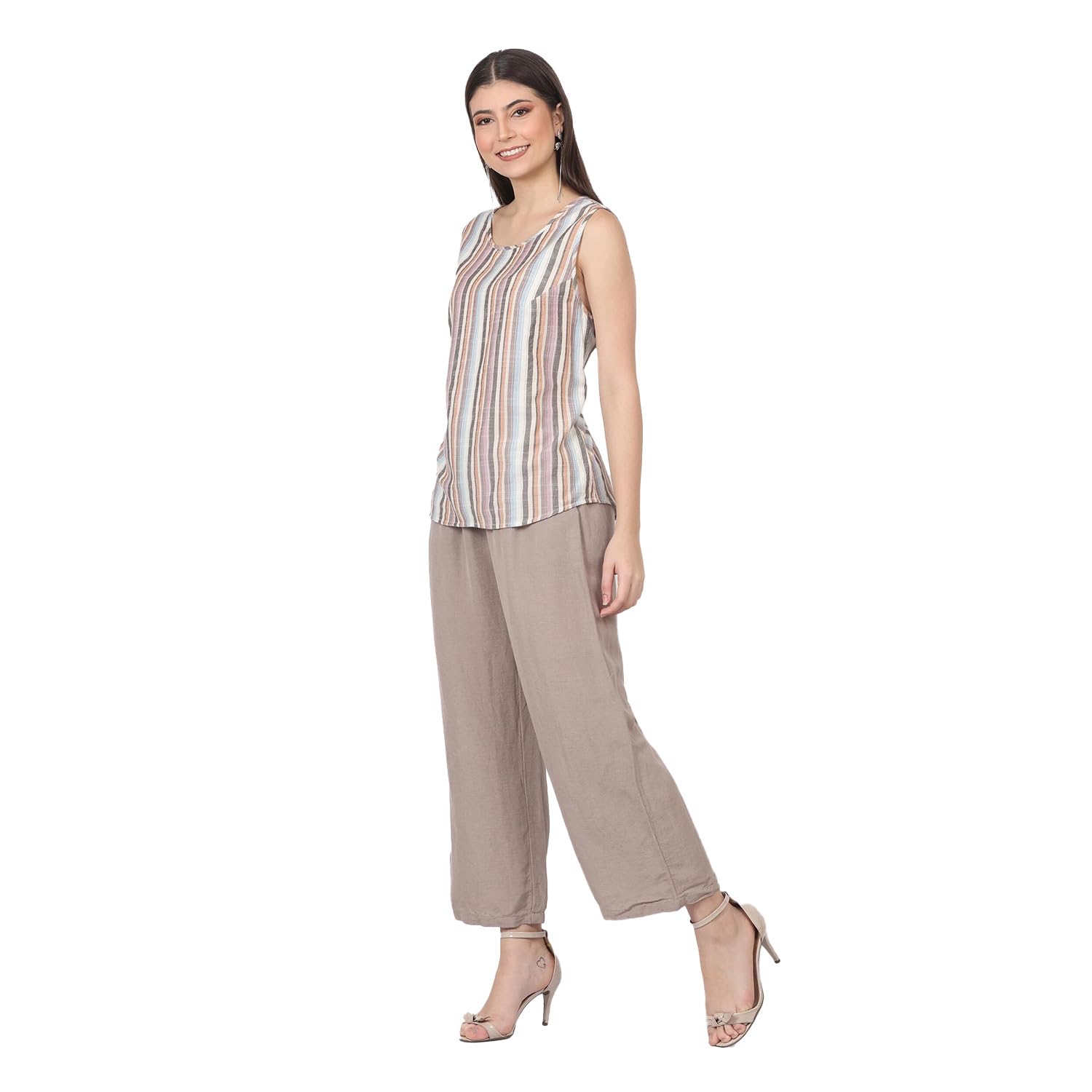 Women Beige Loose Fit Parallel Trousers Pant, Stylish Maternity, College, Office, Home Wear Carry with Cotton Top, Comfortable Plazzo for Girls-image-21
