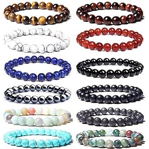 SONNYX 12 PCS 8mm Semi-Precious Gemstone Bracelet Set Crystal Stone Stretch Bracelets for Women Men Round Beaded Elastic Bracelets Cover
