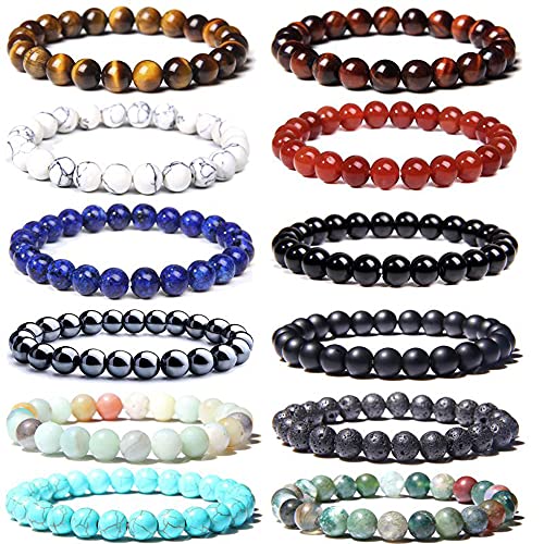 SONNYX 12 PCS 8mm Semi-Precious Gemstone Bracelet Set Crystal Stone Stretch Bracelets for Women Men Round Beaded Elastic Bracelets