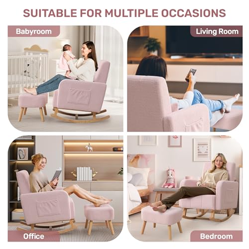 Image of HCHAIRH Rocking Chair with Ottoman, Upholstered Glider Rocker Armchair with High Backrest and Side Pocket, Comfy Reading Chair with Solid Wood Legs for Nursery, Living Room,Bedroom, Pink