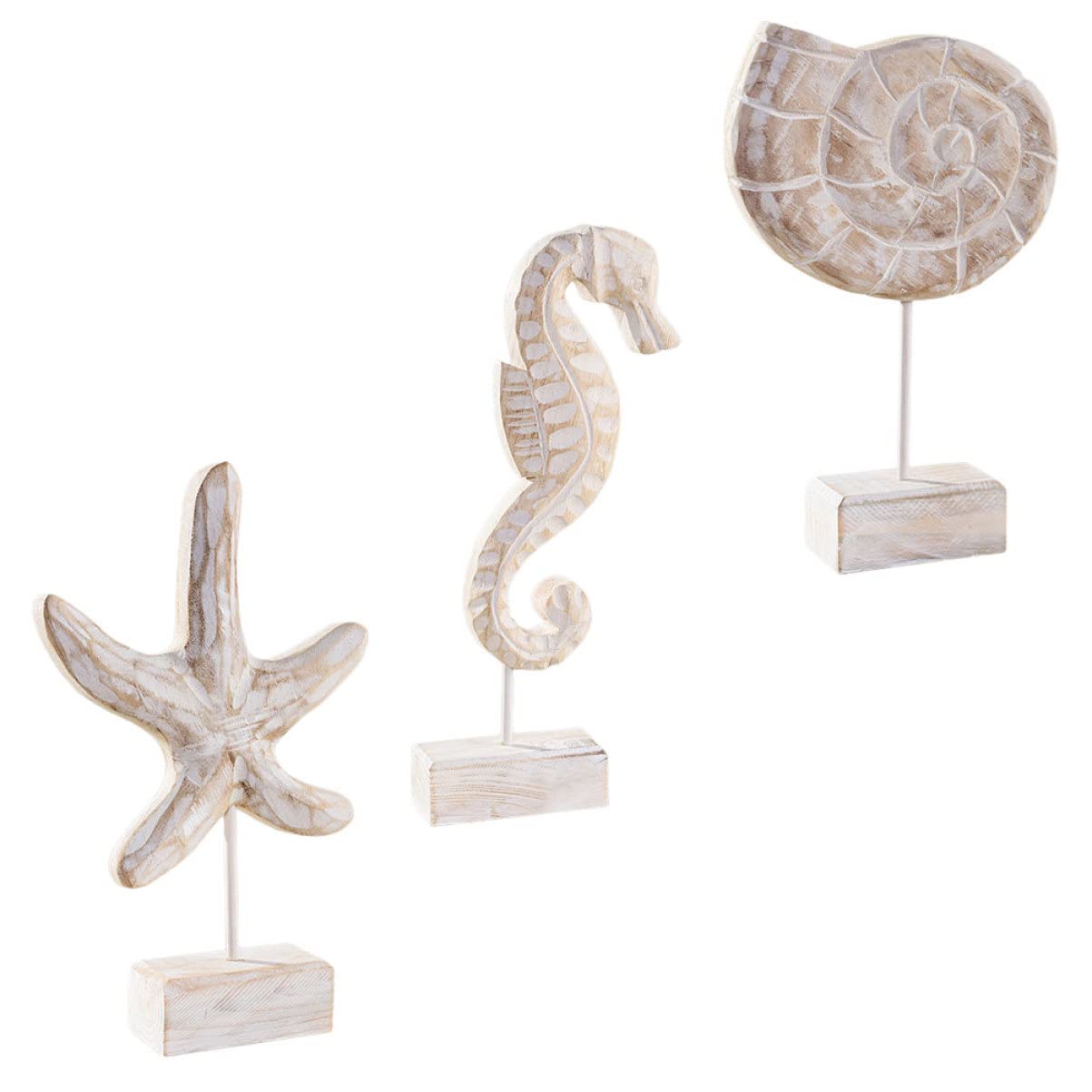 PRETYZOOM Decoración Náutica Mediterránea de Madera, 3 Piezas Figura de Mar, Caballito de Mar y Caracola para Mesa y Dormitorio