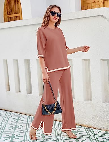 Image of Tanming Sweater Sets Women 2 Piece Lounge Sets Short Sleeve Knit Pullover Tops Wide Leg Pants