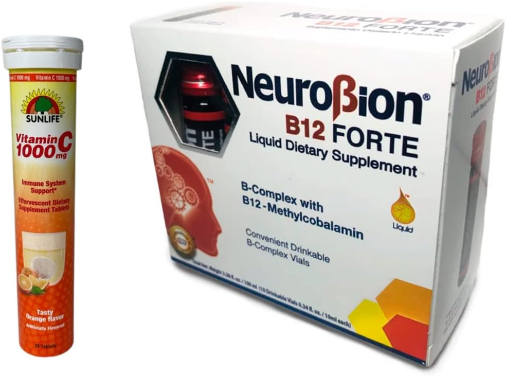 Neurobion B12 Forte Liquid Dietary Supplements 10 viales + Sunlife Vitamin C 1000 mg Orange Flavor Immune System Support 20 Tablets