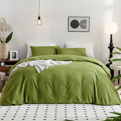 Image of JELLYMONI Christams Duvet Cover Twin Size - 100% Washed Cotton Linen Feel Textured Comforter Cover, 2 Pieces Breathable Soft Bedding Set with Zipper Closure (Avocado Green, Twin 68 inchx90 inch)