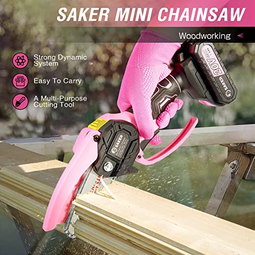 Image of Saker Mini Chainsaw,Portable Electric Pink Mini Chainsaw Cordless,Handheld Chainsaw for Tree Branches,Courtyard, Household and Garden,By 2PCS 20V 1500mAh Batteries and 3 PCS Chains