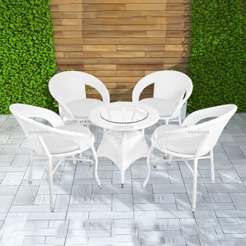 Image of Rattan Wicker Garden Patio Seating Chair and Table Set for Outdoor Balcony Garden Coffee Table Set Furniture with 1 Table and 4 Chairs with White Cushion (White)