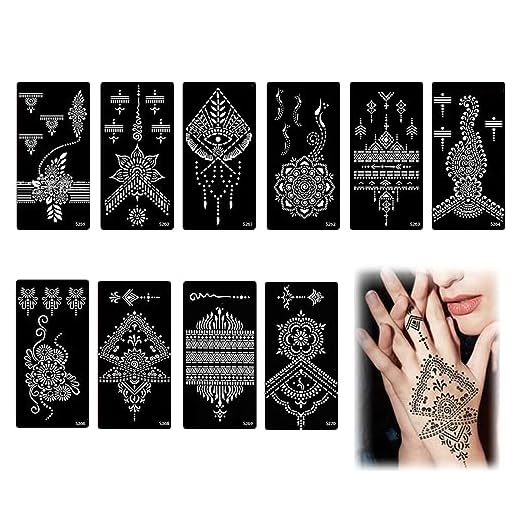 MFCGHXR Juego de plantillas de tatuajes de henna de 10 piezas, plantilla de tatuajes de henna, plantillas de tatuajes de henna para mujeres y niñas, maquillaje de halloween