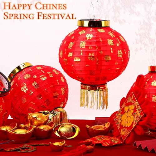 Image of Geelin 6 Pcs Chinese 2026 New Year Lanterns Golden Fu Red Party Lanterns Festival Red Lamp Shade Traditional Hanging Chinese Party Decorations for Spring Festival Celebration(10 Inch)