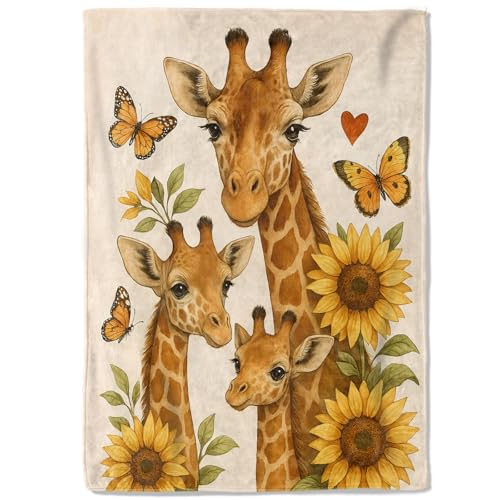 coedoaes Giraffe Family Fleece Blanket 50x60in Cute Giraffes Sunflower Butterfly Heart Neutral Throw Blankets Soft Cozy Lightweight Ideal for Bed Living Room Home Farmhouse Lovers Decor Gifts
