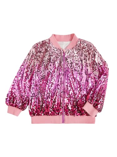 Floerns Girl's Contrast Sequin Long Sleeve Baseball Collar Zip Up Bomber Jacket