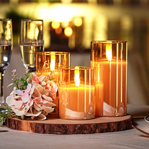 Image of Homemory Amber Glass Flameless Candles, Battery Operated LED Pillar Candles with Remote Control and Timer, Radiance Candles, Real Wax, Set of 3,D3 xH4 5 inch 6 inch