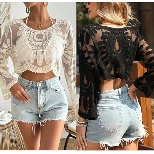 Women's Floral Embroidered Semi-Sheer Cover Up Long Sleeve Round Neck Boho Lace Top for Women Sheer Beach Coverup2