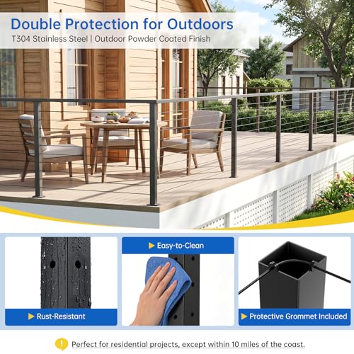 Image of 36 inch Swageless L-drilled Cable Railing Corner Post for Deck Cable Railing, T304 Stainless Steel Surface Mount 90 Corner Deck Post with Upgraded Black Powder Coating for Indoor Outdoor Porch