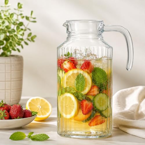 Image of Bellemax Premium Glass Water Jug - 1.8 LTR, Transparent, Hot Cold Water Pitcher with Lid Water Jug, Iced Tea, Milk and Juice Beverage Carafe, Lemon Jug, 1.80 Liter (TM-17)