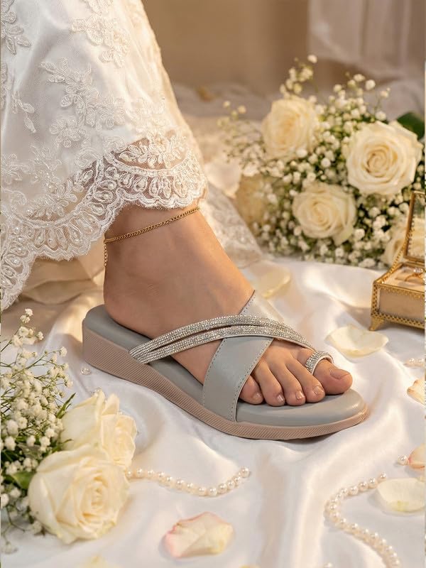 Image of FAUSTO Women Embellished Shimmery Cross Strap Toe Ring Wedding Slip On Slippers | Soft Cushioned Footbed Wedge Sandals | Party, Mehndi, Festive