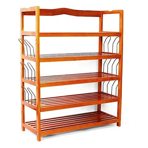Teekland 5-Tier Simple Wooden Shoe Rack, Free Standing Shoe Rack, Wood Color Closets and Entryway Organizer with 6 Pair Shoe Form Wood Color Cover