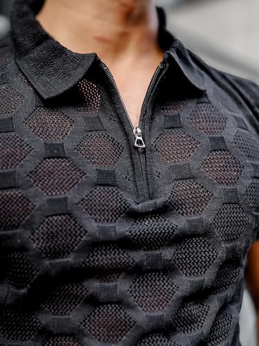 Image of Maniac || Mens || Solid Textured || Half Zip || Polo Neck || Half Sleeve || Cotton || T-Shirt