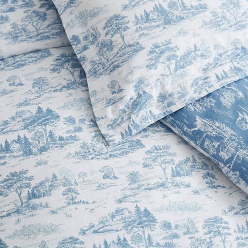 Image of Martha Stewart - King Comforter Set, 100% Silky Smooth Cotton Sateen Bedding for Year Round Comfort, 3 Piece Bed Set with Matching Pillowcases (Farmhouse Toile Blue)