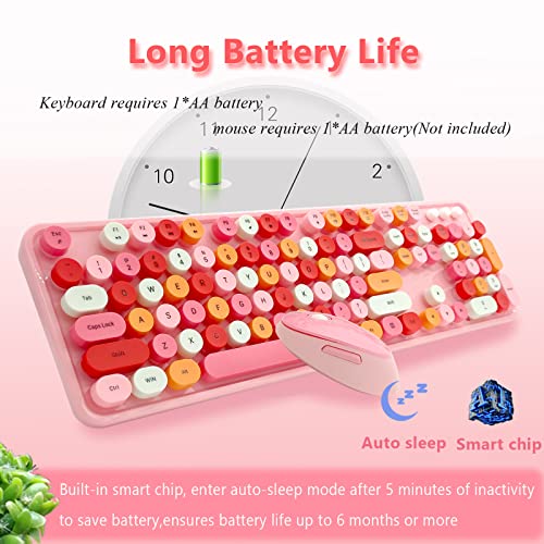 Image of Wireless Keyboard and Mouse Combo, Ergonomic Cute Retro Typewriter Full Size Colorful USB Cordless Keyboard Mouse Set for Gaming and Office (Pink)