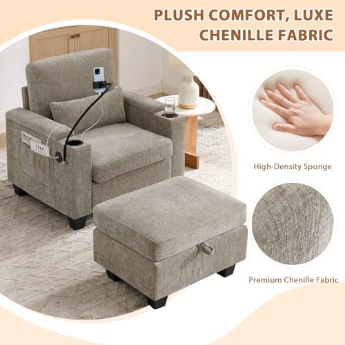 GEEVIVO Oversized Chaise Lounge Chair Indoor, Single Convertible Recliner Reading Arm Sofa Chair W/Adjustable Backrest & Charging Port Couch Bed for Living Room, Home Theater & Bedroom, Brown - Thumbnail 6